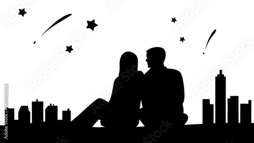 Silhouette of a romantic couple sitting together on a rooftop gazing at a stylized night sky with stars and shooting stars above a city skyline symbolizing love and shared moments