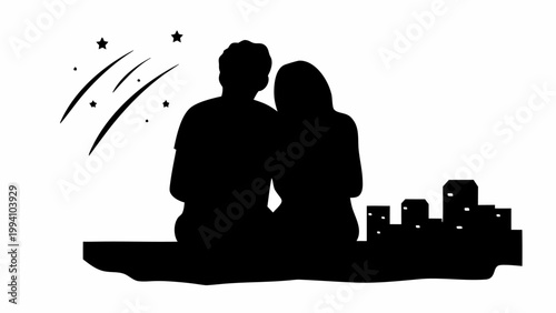Romantic couple silhouetted against a starry night sky gazing at city lights from a rooftop perch embodying love connection and urban dreams