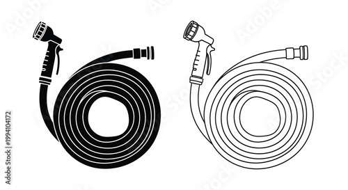 Garden hose illustrations a coiled black version and a white outline