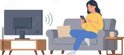 A woman sits on a couch watching TV while using her smartphone at home.
