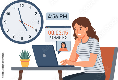 Woman sitting at desk working on laptop with clock and video call