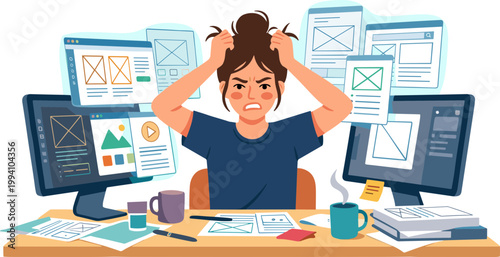 A stressed woman sits at a cluttered desk surrounded by multiple computers and papers.