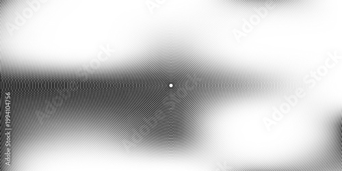 Black concentric circle texture. Radial geometric pattern background. Linear epicenter, radar, target concept. Round rippled halftone ring wallpaper for brochure, template, poster, overlay. Vector