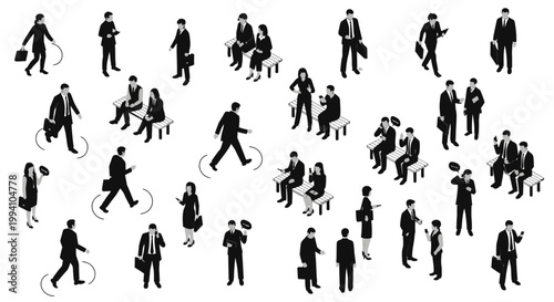 diverse group of business people interacting in urban setting black and white isometric illustration