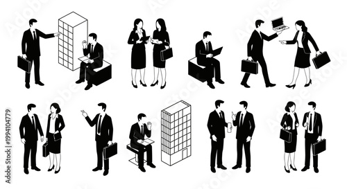 isometric black silhouette business people in office and building settings conveying teamwork