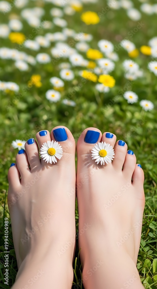 Naklejka premium Bare feet with blue toenails and daisies on green grass field 1