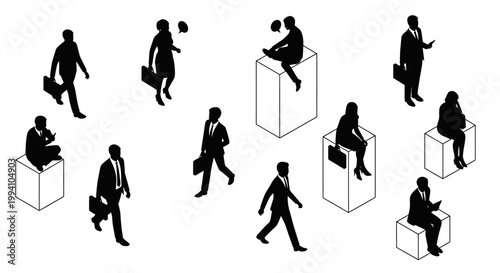 isometric black silhouettes of diverse business people and professionals engaged in corporate activities symbolizing communication and critical thinking.