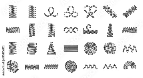 springs coil elastic mechanism and engineering design elements set illustrating various flexible industrial components and forms.