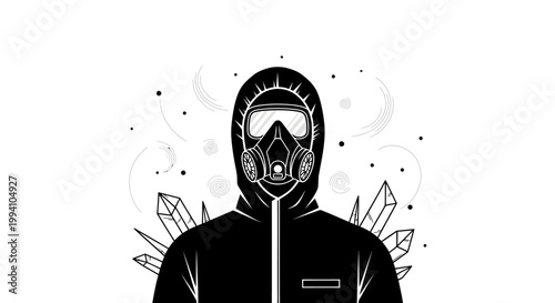 a mysterious figure in a protective suit and gas mask surrounded by abstract crystals conveying hazard and science fiction.