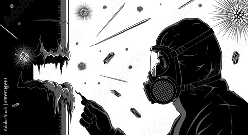 a scientist in a hazmat suit carefully examines a biological hazard with floating viruses and crystals depicting contamination and research.