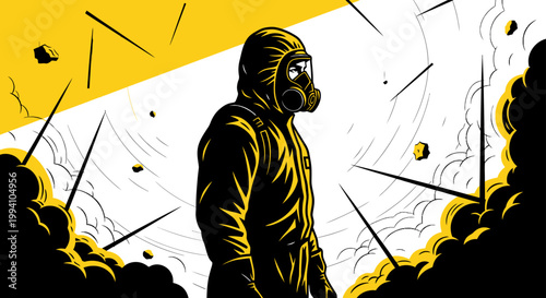 person in a hazmat suit and gas mask stands in a dangerous environment with flying debris illustrating crisis and protection.
