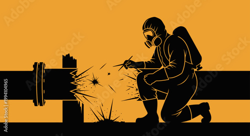 a technician in a hazmat suit carefully inspecting a broken pipe leaking hazardous materials symbolizing environmental safety.