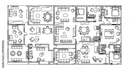 architectural floor plan displaying detailed interior design layout with modern furniture symbols for apartment and home blueprints.