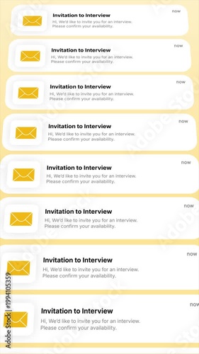 Invitation to Interview email notifications repeat continuously in an animated sequence. Representing recruitment, hiring process, job offers, and digital communication in a modern interface.