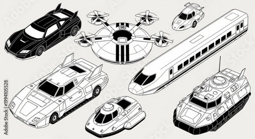 Collection of futuristic vehicles and transportation modes.