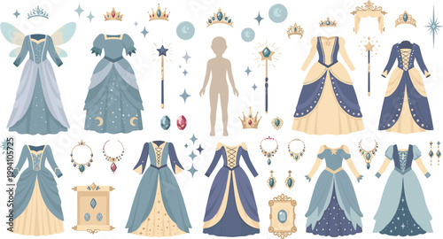 
Magical Princess and Fairy Fashion Doll Dress Up Set with Royal Gowns, Crowns, Wands, and Jewelry for Fantasy Kids Designs