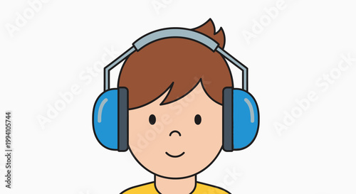 Cartoon boy wearing blue headphones smiling.