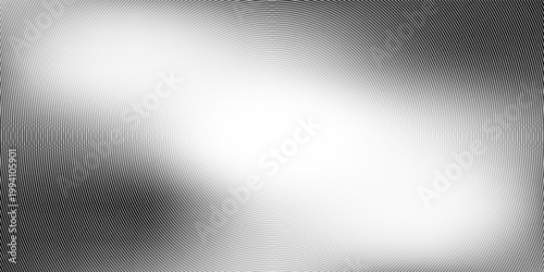 Black concentric circle texture. Radial geometric pattern background. Linear epicenter, radar, target concept. Round rippled halftone ring wallpaper for brochure, template, poster, overlay. Vector