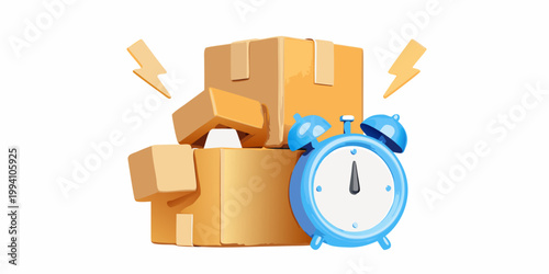 Fast delivery concept with stacked boxes and a ringing alarm clock