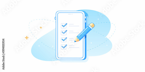 Digital checklist on a smartphone with a blue pencil nearby