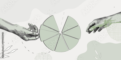 Abstract illustration of hands reaching for a divided circular shape