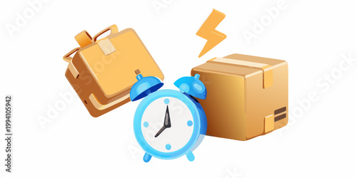 Packages a clock and a lightning bolt illustrate speedy delivery times