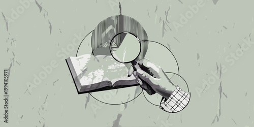 A hand holding a magnifying glass over an open book investigation focused