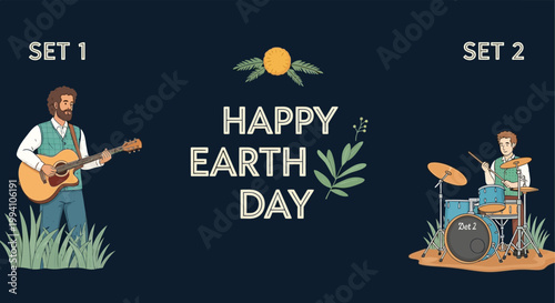 Happy Earth Day Celebration with Musicians Playing Instruments and Nature Elements.
