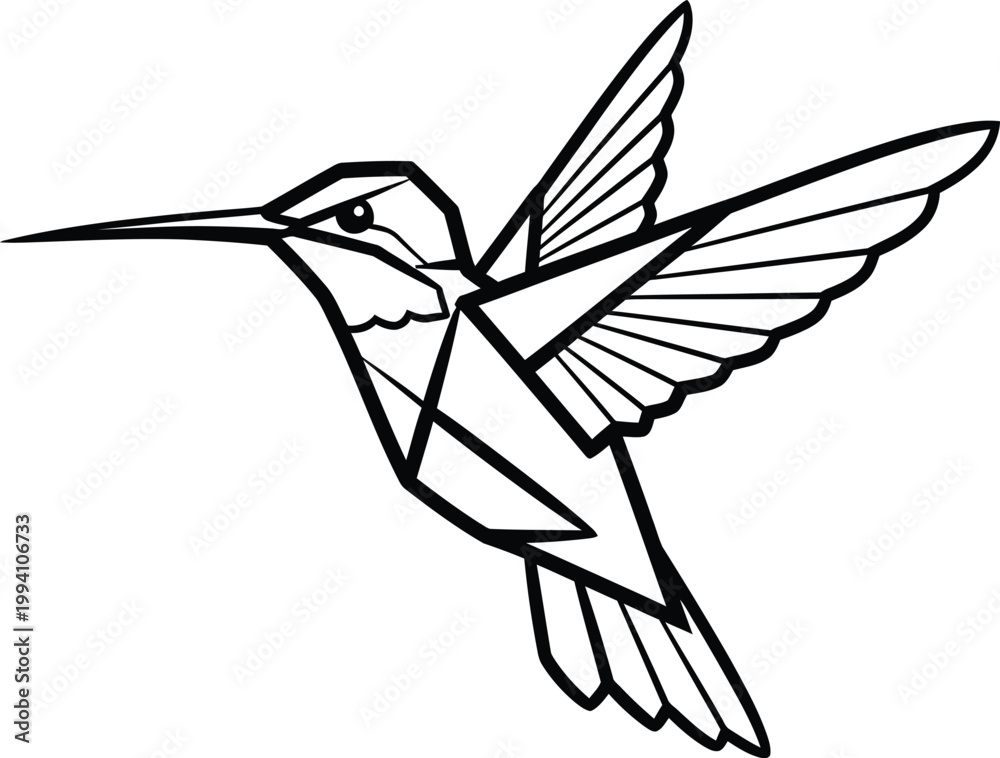 Fototapeta premium Geometric illustration of hummingbird in flight with outstretched wings and long beak