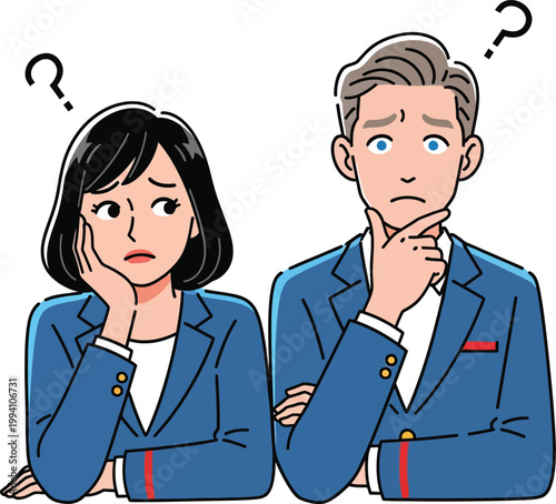 Confused business professionals in formal attire thinking with question marks.