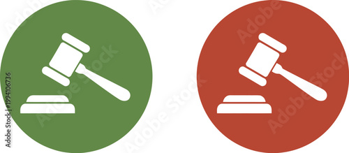 Judge gavel icon set, legal justice symbols in green and red circles for approval rejection verdict and court decision interface design.