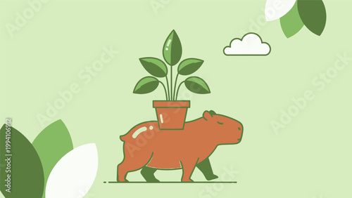 Cartoon Pig Carrying Potted Green Plant.