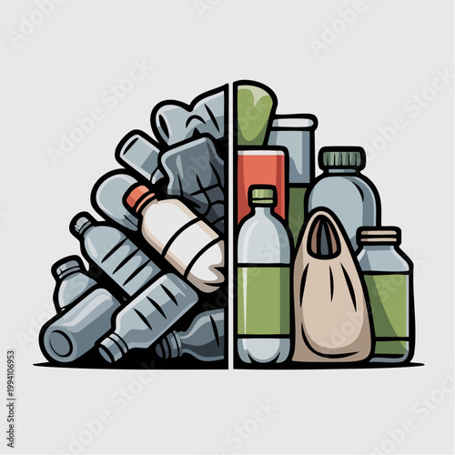 Plastic Reduction Concept Before and After Comparison Eco Friendly vs Waste Minimal Flat Vector Illustration