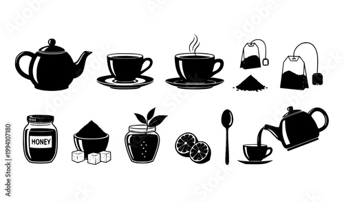 Tea items silhouette vector set with teapot teacup kettle and accessories isolated on white background