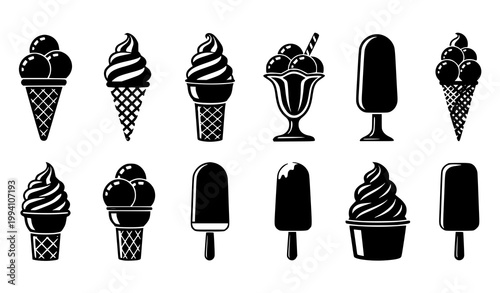 Ice cream icon set with cone soft serve popsicle and sundae silhouettes isolated on white background