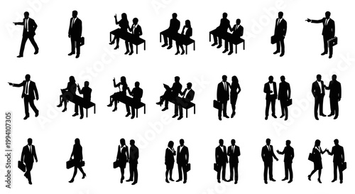 isometric black silhouette people vector set with men and women in various business poses and interactions