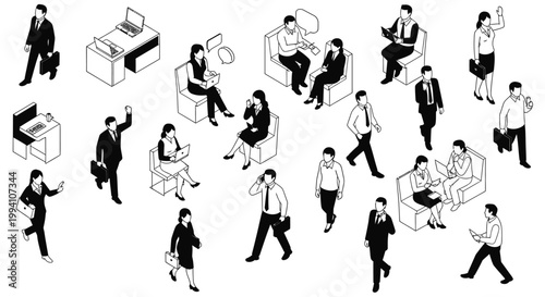 isometric business people working and interacting in office settings diverse activities