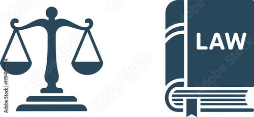Law and justice icon set, minimal legal symbols including judge gavel scales of justice book and handcuffs on transparent background.