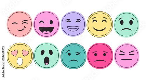 diverse vector emoji faces illustrating various human emotions and mood expressions for digital communication and feedback concepts.