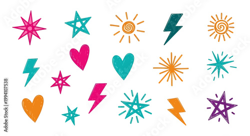hand-drawn festive doodle accents set with whimsical stars hearts suns and lightning bolts ideal for creative projects.