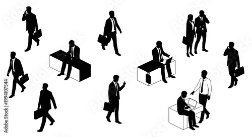 a vector set of isometric business people silhouettes engaged in corporate activities like working and communicating