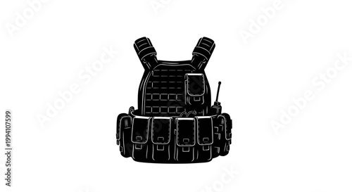 Black Tactical Vest Isolated on White Background for Protection.