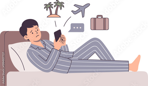 Man lying on bed relaxing and planning travel on phone with palm trees and luggage nearby