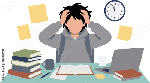 A stressed student sits at a desk with books and a laptop.