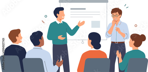 People discussing in a meeting with a presentation on screen