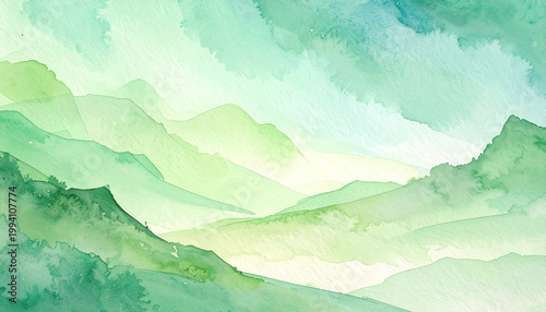 Watercolor landscape painting of green mountains and sky with copy space
