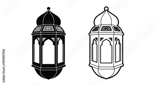 Two ornate lanterns with detailed geometric designs a striking silhouette