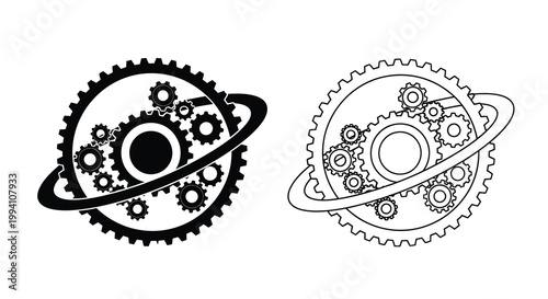 Intricate planetary gear system design with orbiting rings silhouette