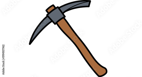 Pickaxe with wooden handle tool.