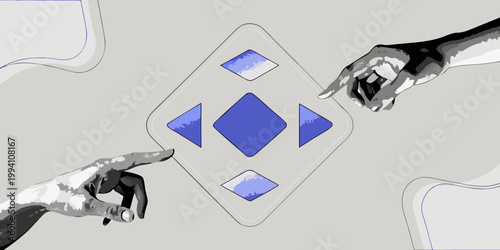 Two hands reaching for a geometric shape with blue diamond details